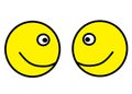 A pair of identical yellow smiling emoticon smiley facing one another white backdrop