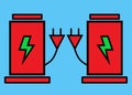 A pair of mirrored bright red simple symbol shape sign of an electrical charging point light blue turquoise backdrop