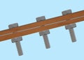 A pair of wooden planks side view showing three bolts and nuts fasteners holding them in place