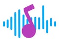 A pink purple music note overlapping the light blue turquoise amplitude bars of sounds white backdrop