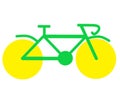 A racer bicycle with green frame and yellow wheels white backdrop