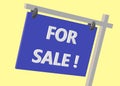 A for sale signage with white font blue board light yellow backdrop