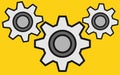 A series of eight teeth grey gear trains mesh bright yellow backdrop Royalty Free Stock Photo