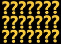 Several golden yellow question marks punctuation orderly aligned horizontally and vertically black backdrop