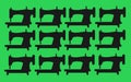 Several many identical old nostalgic sewing machine outline shape silhouette green backdrop