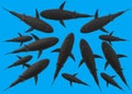 The silhouette of many sharks from the underside against a deep blue sea color backdrop