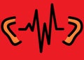 A simple illustration of sound waves connection between a pair of left right human ears red backdrop