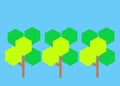 Simple outline shapes of trees with dark and light green hexagonal leaves canopy light turquoise blue backdrop