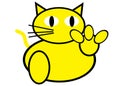 A simple shapes illustration of an all yellow cat beckoning white backdrop