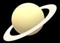 A simple three dimensional image of the planet Saturn in light yellow and beige ring system surrounding it black backdrop
