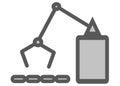 A simplified mechanical robotics arm hovering over an automation conveyor belt white backdrop