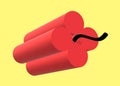 A single 4-piece bright red firecracker dynamite with black fuse string light yellow backdrop