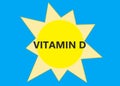 A symbol icon shape of the sun with the black font word vitamin D within blue backdrop Royalty Free Stock Photo