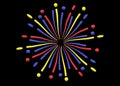 A three dimensional display of a fireworks explosion in red yellow and indigo black backdrop Royalty Free Stock Photo