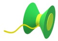 A three dimensional model image of a bright lime green yoyo with yellow string white backdrop