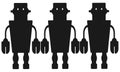 Three identical same similar tin can shaped robot set against a white backdrop