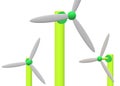 Three luminous green wind driven power generating windmills with light grey fan blades white backdrop