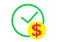 A yellow red money sign overlapping a green clock symbol white backdrop