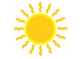 A yellow simplified symbol shape of the sun with shinning light rays white backdrop Royalty Free Stock Photo