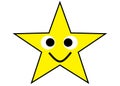 A yellow star with black outline having a cute crossed eyed smiling face white backdrop