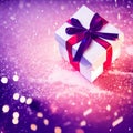 White square gift box wrapped in red paper with a red ribbon bow against a red purple snow background. Royalty Free Stock Photo