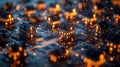A computer generated image of a city with houses lit up in orange