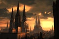 a computer generated image of a city with spires at sunset.