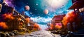 Computer generated image of street with planets in the sky and buildings on either side of the street. Generative AI Royalty Free Stock Photo