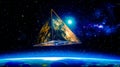 Computer generated image of triangular object floating above the earth's surface. Generative AI Royalty Free Stock Photo