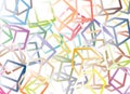 Computer generated loose, outlined 3D cubes overlapping, colorful design on white base