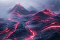 Computer-generated scene of a mountain spewing lava in a futuristic landscape, Craft a futuristic landscape made up of pulsating Royalty Free Stock Photo