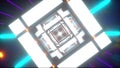 Computer generated technology neon tunnel. Teleport in the future. 3d rendering abstract background. Inside a rotating