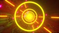 Computer generated technology neon tunnel. Teleport in the future. 3d rendering abstract background. Inside a rotating