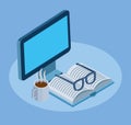 Computer with glasses, book and hot coffee mug