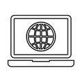 Computer, globe outline icon. Line art sketch. Royalty Free Stock Photo