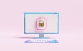 Computer with golden lock,shield isolated on pink background.Internet security or privacy protection or ransomware protect concept Royalty Free Stock Photo