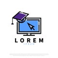 Computer with a graduation cap for E-learning concept. Pixel-aligned, Pixel Perfect, Editable Stroke, Easy Scalablility