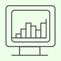 Computer graph thin line icon. Analytic or statistics chart on monitor screen outline style pictogram on white