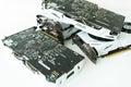 Computer graphic card with two fans. Video card with two coolers from the computer. GPU card. IT hardware. Crypto currency mining Royalty Free Stock Photo