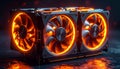 Triple fan computer graphics card with vibrant orange illumination and intricate circuitry Royalty Free Stock Photo