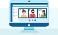 Computer with group of people doing video conference. Man and two woman. Online meeting via group call. remote work Royalty Free Stock Photo