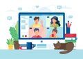 Computer with group of people doing video conference. Online meeting via group call. Vector illustration in flat style