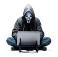 Computer Hacker in black clothes sitting with laptop, on white background, internet hacking concept, realistic design illustration