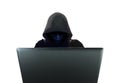 Computer hacker in black mask and hood on white