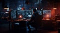 Computer hacker doing coding on computer while sitting at dark office. Neural network ai generated Royalty Free Stock Photo
