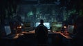 Computer hacker doing coding on computer while sitting at dark office. Neural network ai generated Royalty Free Stock Photo
