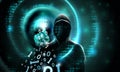 Computer hacker with a hood touches the touch screen binary code. Light waves on abstract binary dark background hacker silhouette Royalty Free Stock Photo