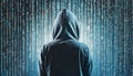 Computer hacker in hoodie, abstract binary background. Dark net. Back view. Data thief Royalty Free Stock Photo