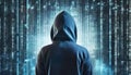 Computer hacker in hoodie, abstract binary background. Dark net. Back view. Data thief
