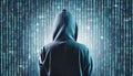 Computer hacker in hoodie, abstract binary background. Dark net. Back view. Data thief Royalty Free Stock Photo